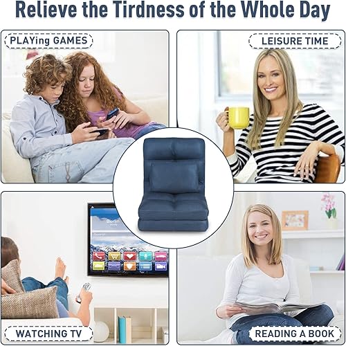 Miniatura 7 de Sofá chaise lounge para interiores, silla de piso con respaldo para adultos, silla reclinable de ajuste de 14 ángulos, tumbona plegable con almohada