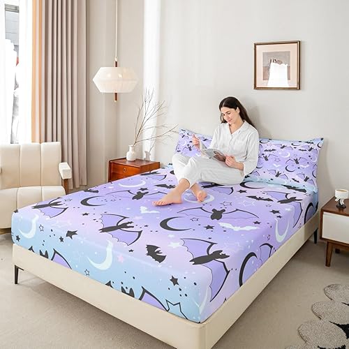 Miniatura 5 de Juego de funda de edredón de Halloween, sábana bajera ajustable de arcoíris para niños y niños, diseño de murciélago, luna y estrella, juego de