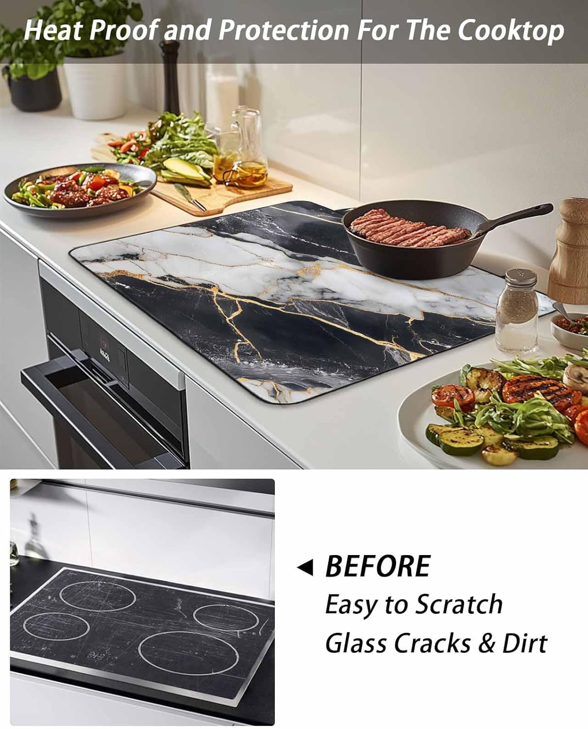 Stove Top Covers for Electric Stove 31x24 Inches, Marble Black HeatResistant Glass Cooktop Protector, Abstract Gold White Brick Stone Motif Ceramic Stovetop Countertop Covers Mat, Oven Cover