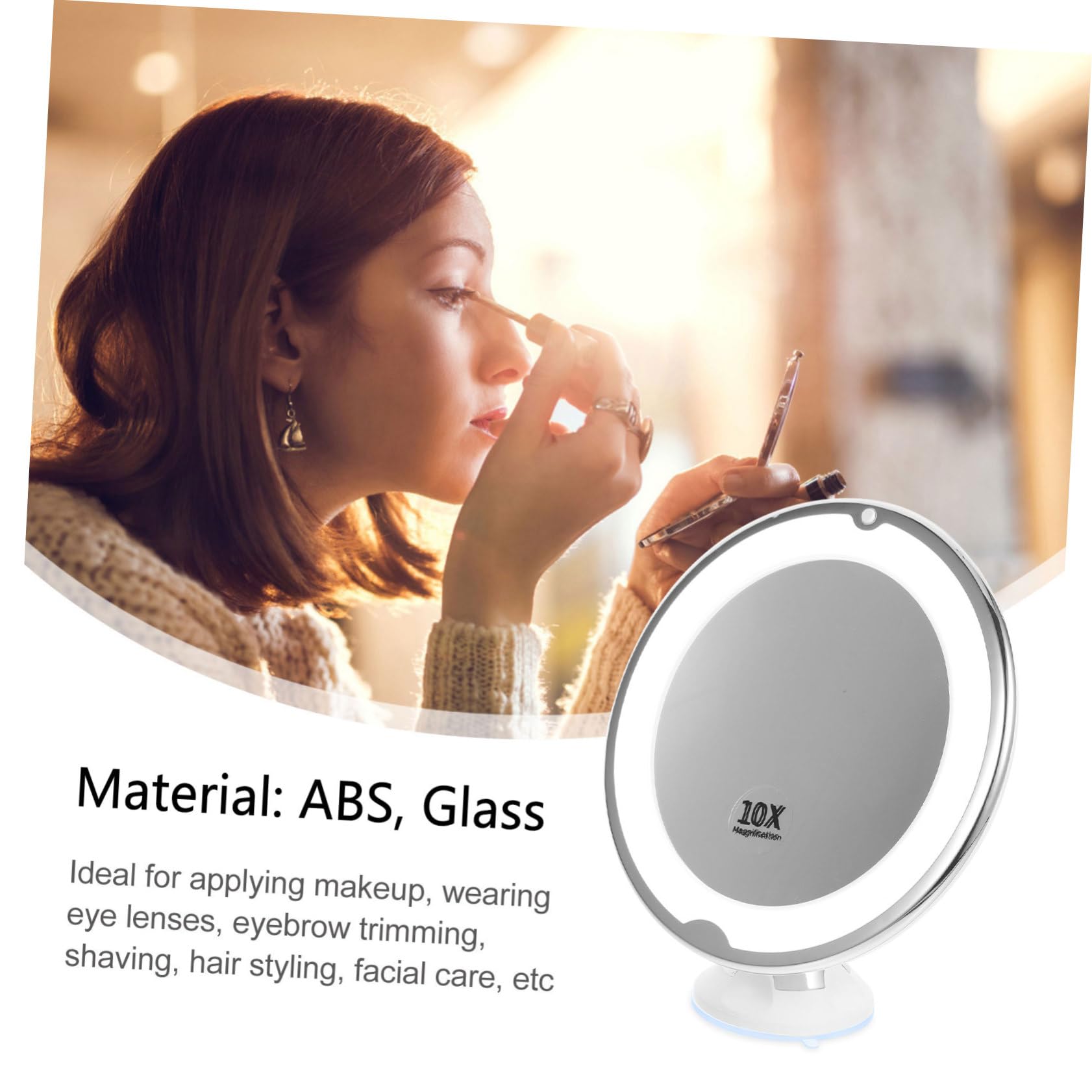 Mikinona Miroir de Maquillage LED X10, Miroir Grossissant Rotatif de Bureau, Abs et Verre, Éclairage Lumineux pour Maquillage la Maison