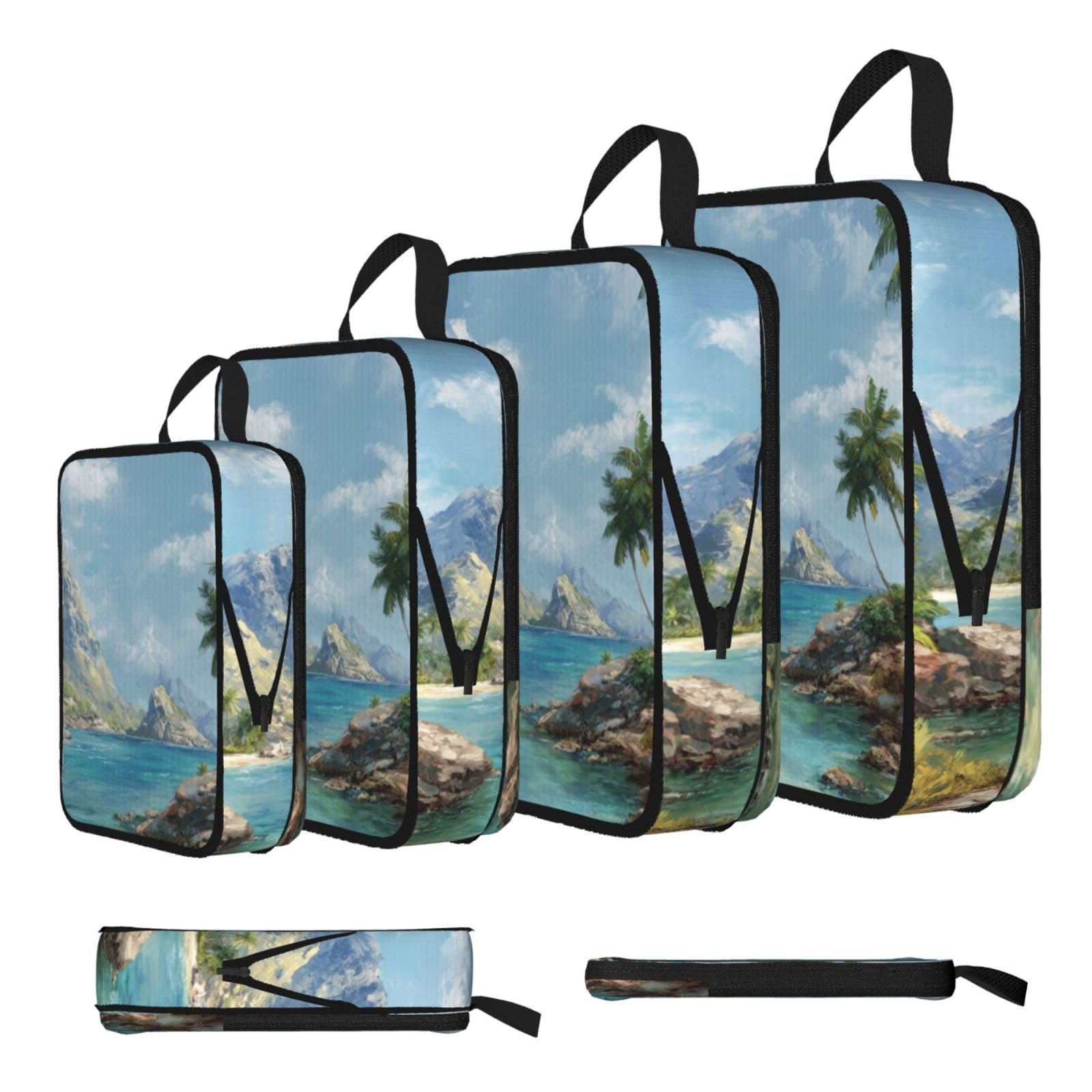 Tropical Scenery Print 4 Set Compression Packing Cubes For Suitcases,Expandable Storage Bags Organizers