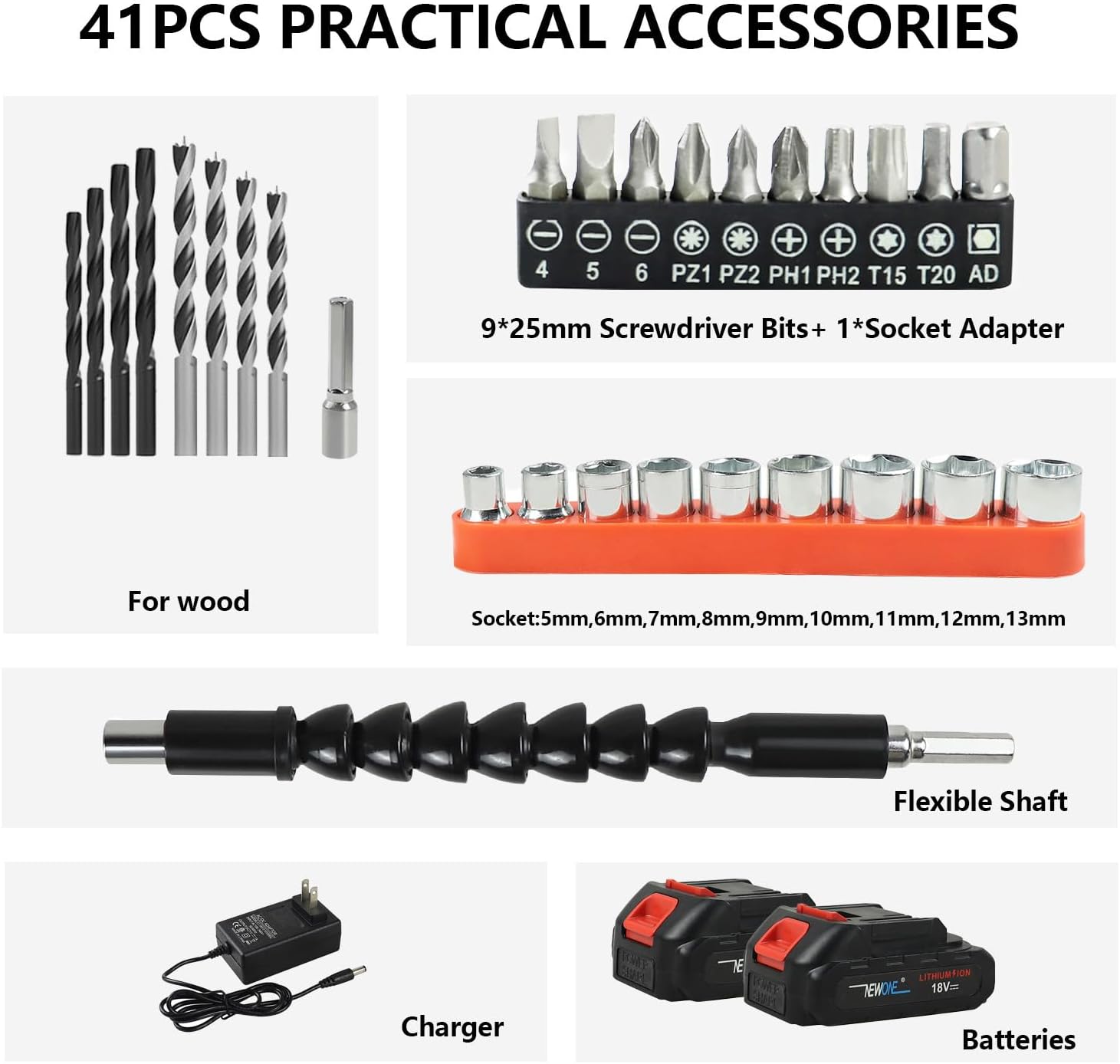 Cordless Impact Driver Kit with Bit Holder,18V MAX 1/2" Chuck Impact Drill,21 torque speed with additional hammer and impact functions,60 N.m Power,0-1800RPM,2 Batteries,41 Piece Impact Bit Set