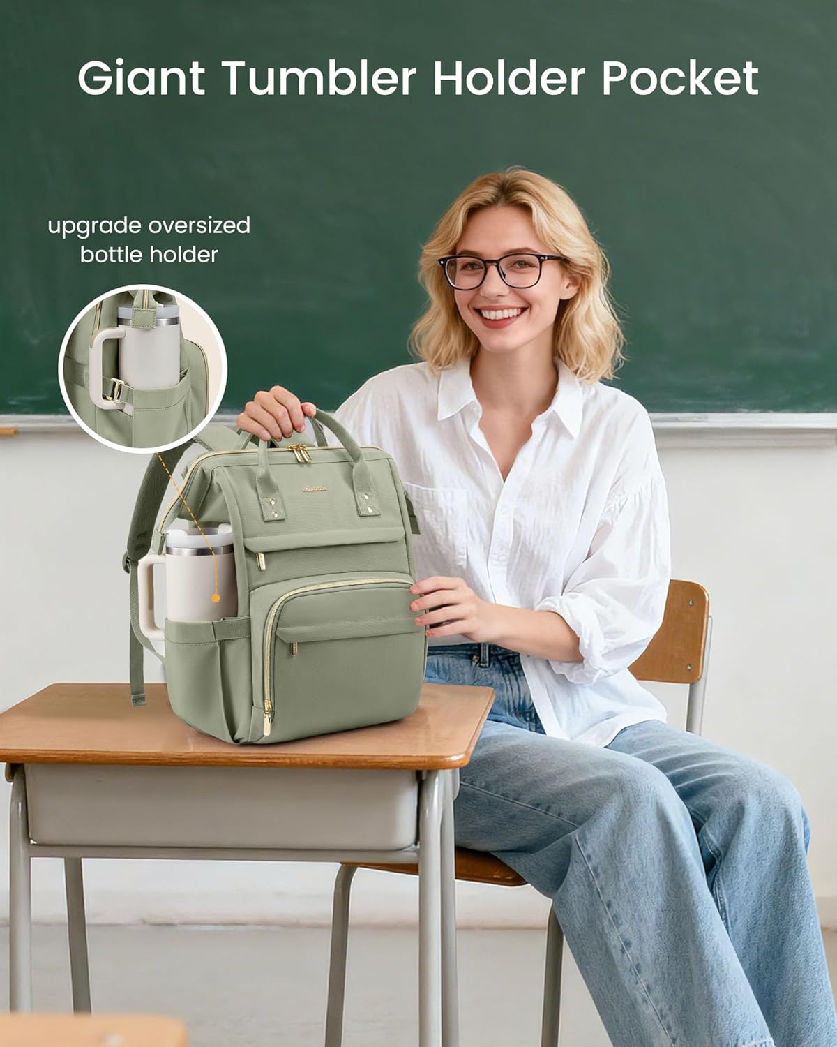 LOVEVOOK Laptop Backpack for Women with Giant Tumbler Holder Pocket,17 inch Waterproof Travel Backpack Purse Computer Laptop Bag,Professional Work College Nurse Teacher Backpack Travel Bag,Bean Green - Image 2