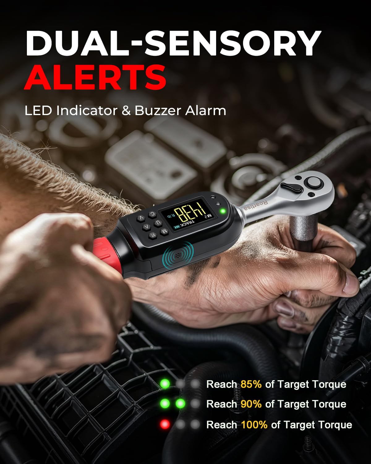 Llave dinamométrica digital de 3/8, ± 2% de alta precisión con zumbador y notificación de flash LED, 5 unidades y 8 preajustes de memoria (3.09-62.69 pies libras/4.2-85 N.m)