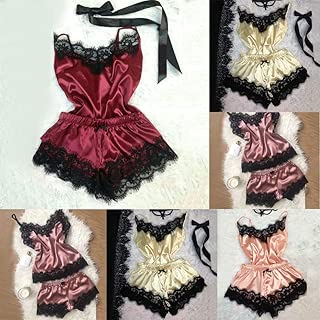 Women's Lace Trim and Shorts Pajama Set Sexy Lingerie Pajama Set Silky Lace Nightwear Short Sleepwear - coolthings.us