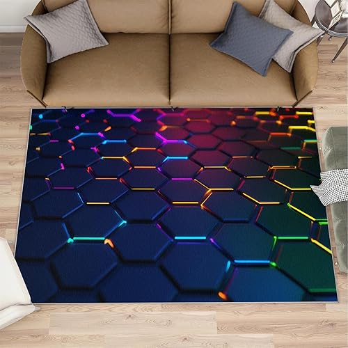 Miniatura 2 de Neon Hexagon Rugs for Bedroom, Futuristic Hexagon Area Rug, Cyberpunk Geometric Rugs for Living Room, Indoor Non-Slip Rug, Machine Washable Carpet