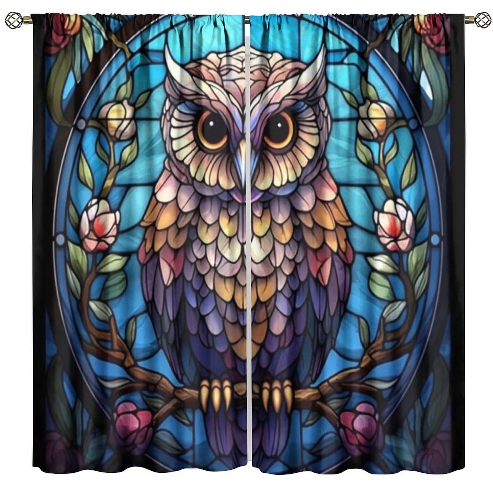 BenYaSong Owl Blackout Window Curtain, Flower Leaves Glass Art Boho Curtain, Cute Animals Abstract for Home Kitchen Restaurant Decoration Window Curtain 2Panel 52" W X 84" L