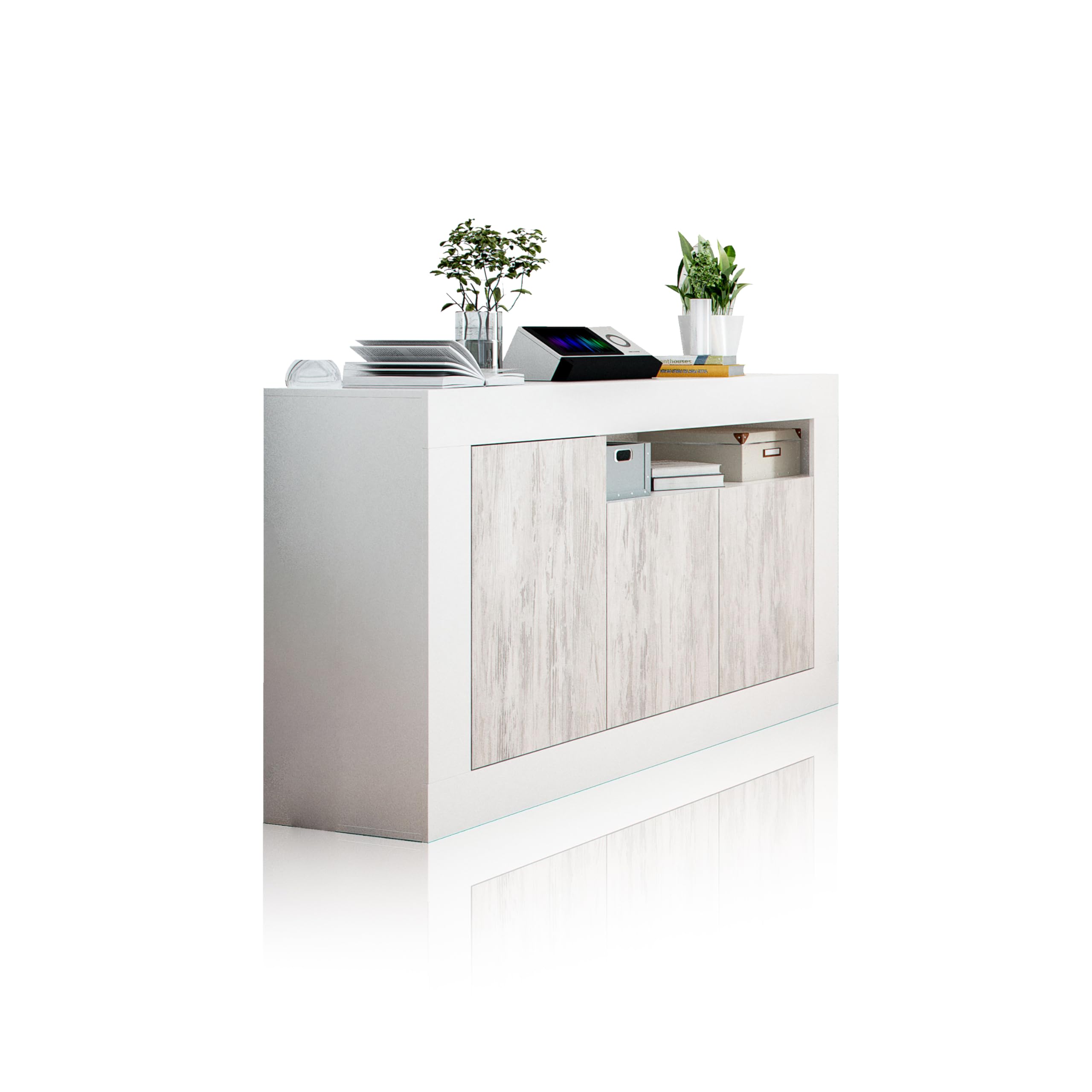 duehome | Aparador 3 Puertas, Buffet para Salon, Armario Auxiliar, Modelo Gian, Acabado en Color Blanco Artik y Blanco Velho, Medidas: 144 cm (Ancho) x 87 cm (Alto) x 42 cm (Fondo)