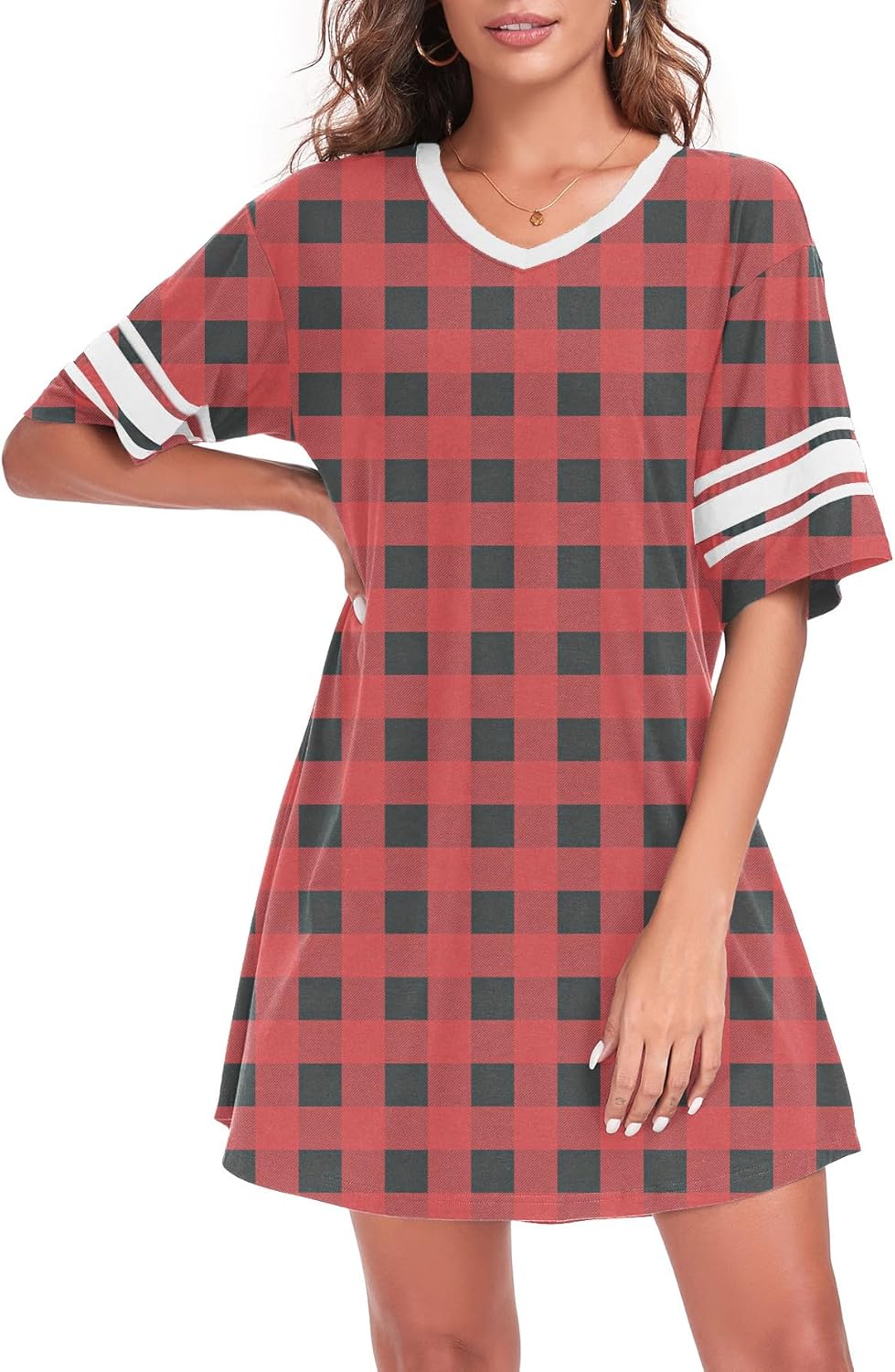 Womens Nightgowns Short Sleeve Sleepshirt Sleepwear Casual V Neck Sleep Dress Loungewear Nightshirts - Image 2