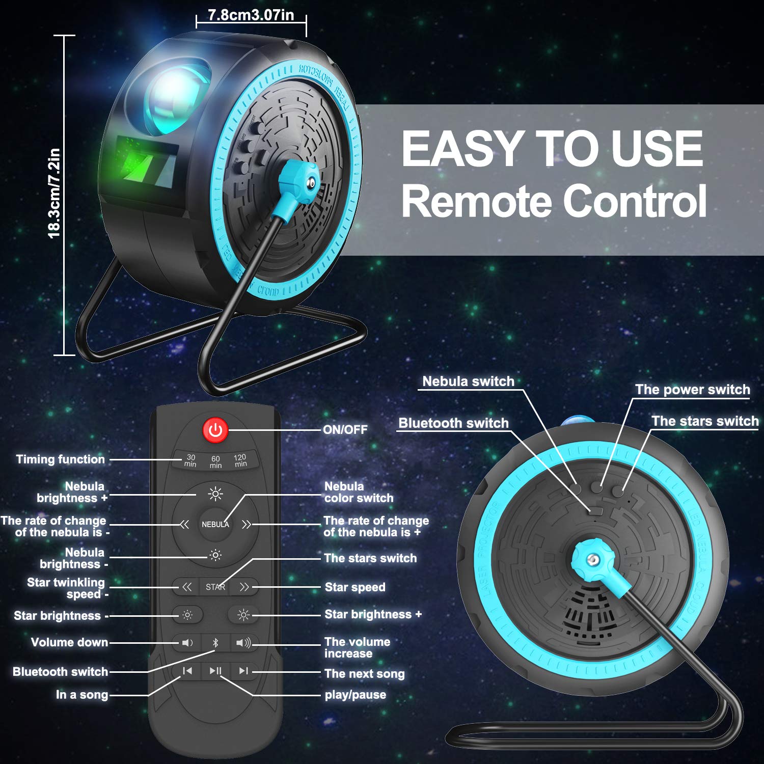 Proiettore di stelle a LED, con lettore musicale integrato, Bluetooth, luce notturna, può essere appeso e ruotato di 360°, con telecomando, per bambini e adulti, decorazione per la casa