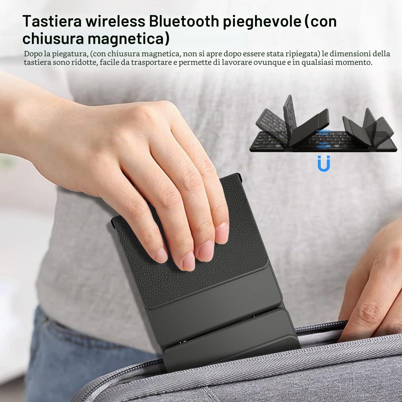 Tastiera Bluetooth pieghevole con touchpad, collega quattro dispositivi, connessione Bluetooth + cavo USB, QWERTZ tedesco con trackpad, per iOS, Android, Windows, laptop, PC