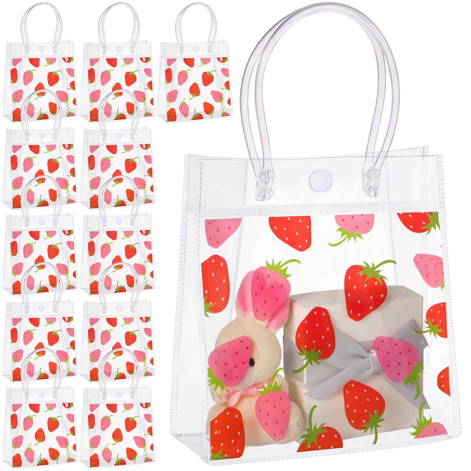 Kolldenn 24 Pcs Strawberry Gift Bags Transparent Plastic PVC Bags with Handles Strawberry Party Favor 5.9" x 2.8" x 6.3" Shopping Handbags Candy Themed Goodie Holder Supplies Birthday Treat