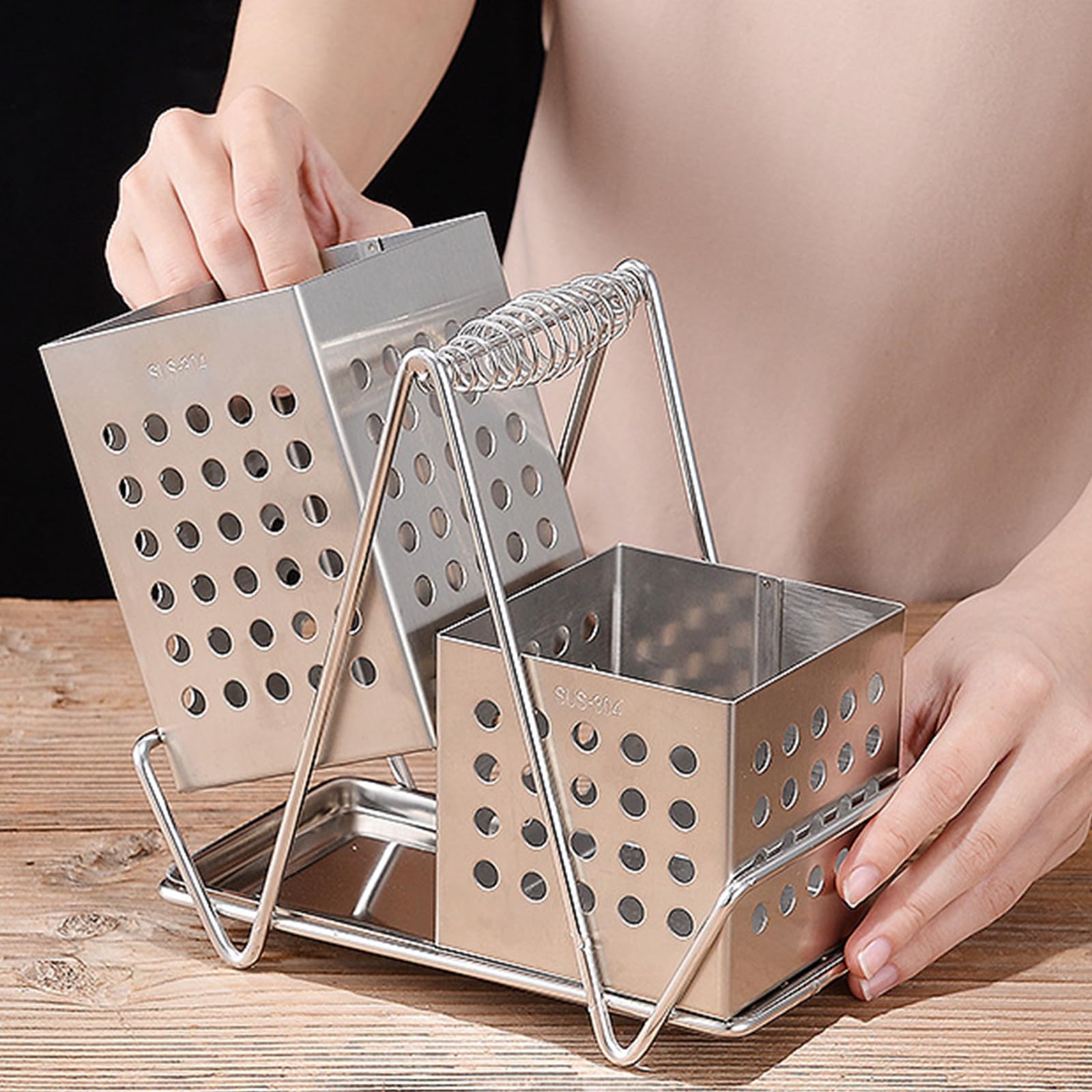 Support de Rangement Multifonctionnel Organisateur D'ustensiles la Cuisine Carré Surface Lisse en Acier Inoxydable Argenté pour Baguettes Restaurant