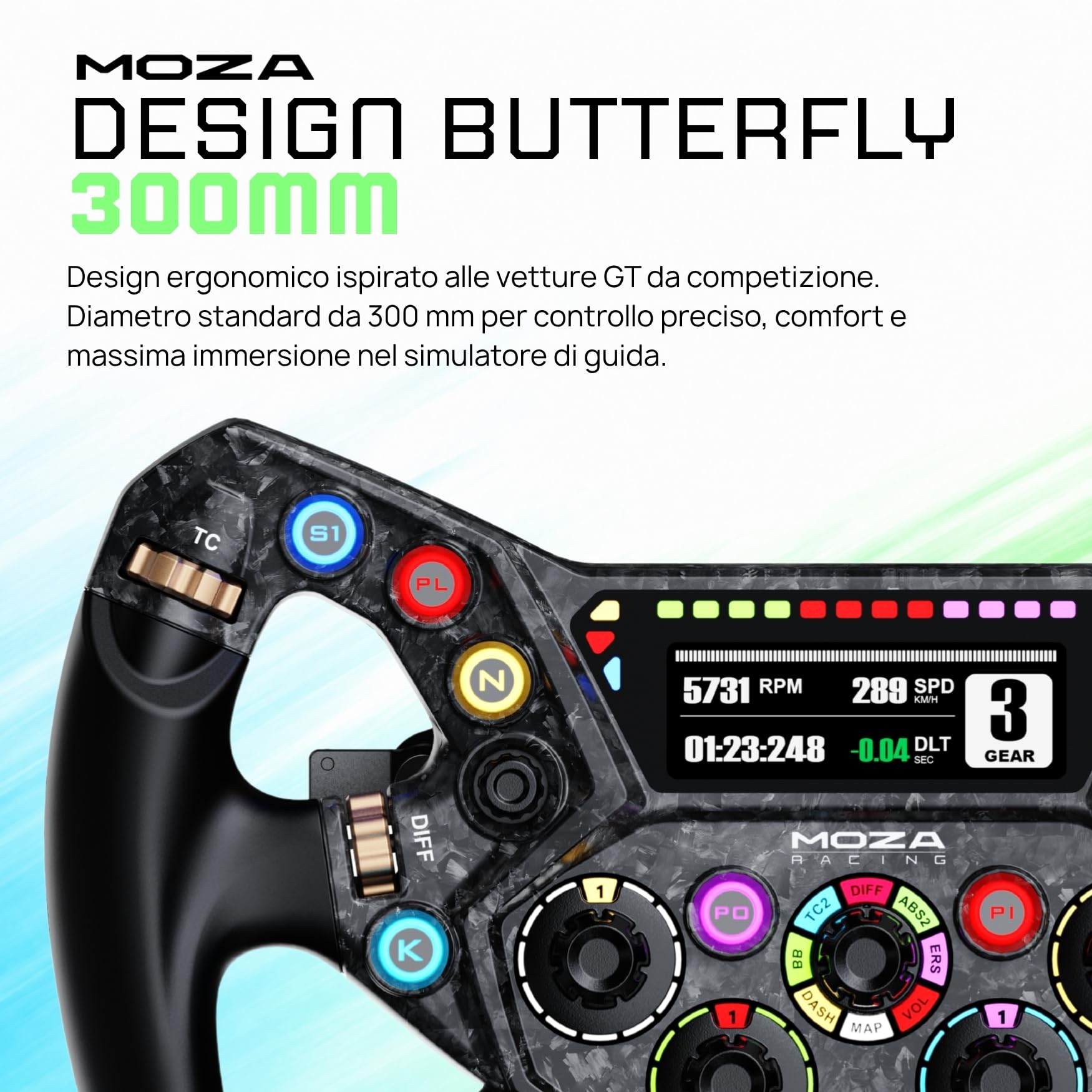 MOZA KS PRO Volante Formula GT 300 mm per Simulatore di Guida PC, Elegante Design a Farfalla, Fibra di Carbonio, Pulsanti RGB Programmabili, Palette Magnetiche Hall con Doppia Frizione, Sim Racing