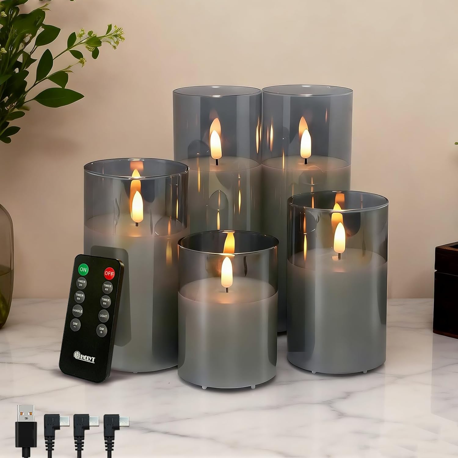 Rechargeable Flameless Candles, Realistic Flickering LED Flame,Real Wax Candle with Remote Control and Timer, Clear Glass Electronic Candles, 1 Set of 5（Gray）