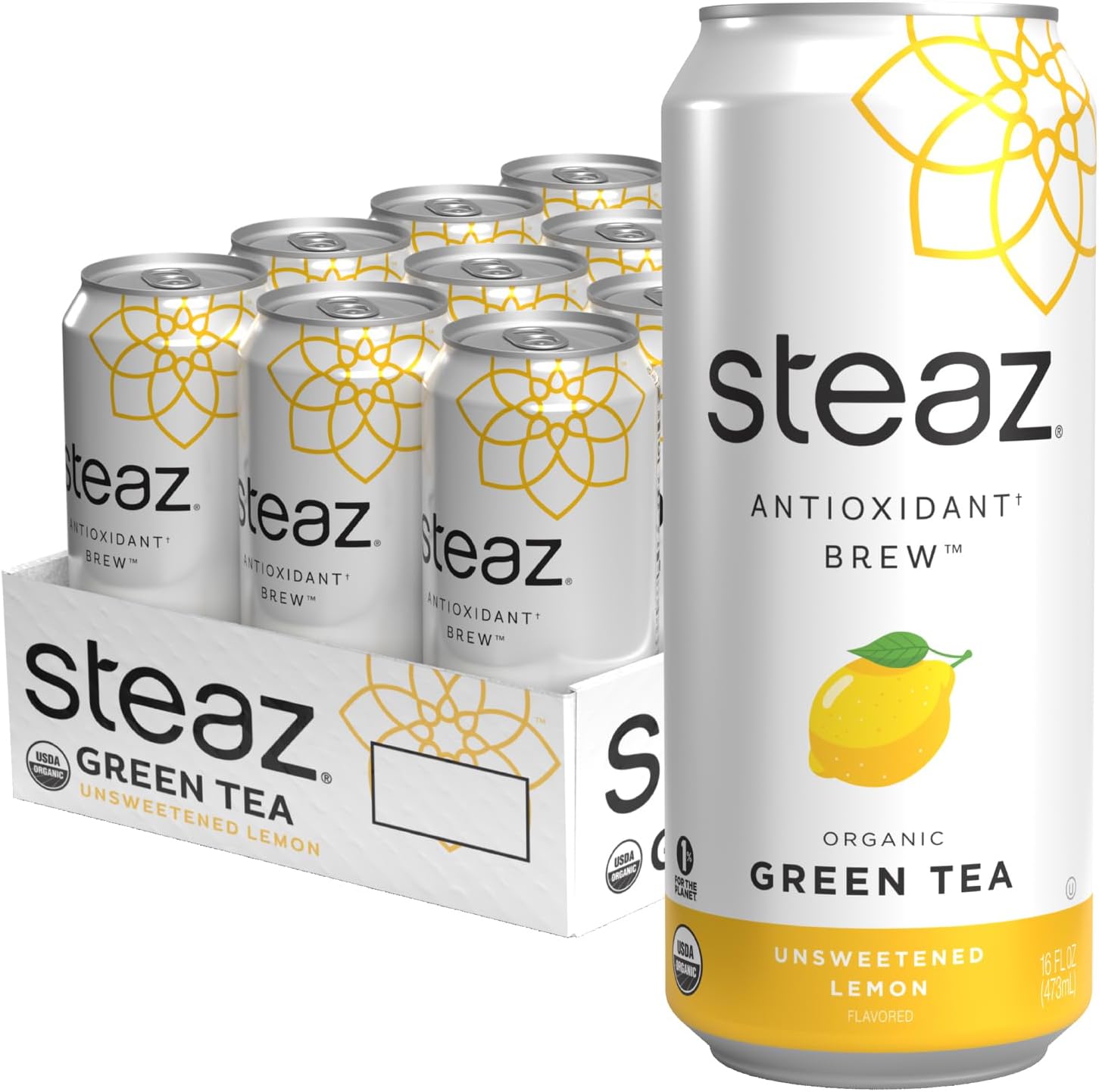 Steaz - Organic Green Tea - Unsweetened Lemon (12 Pack) - Antioxidant Brew - 65mg Natural Caffeine, Zero Sugar, 0 Calories, Vitamin C - Unsweetened Iced Tea - Vegan - 12 Cans, 16 fl oz (473mL)