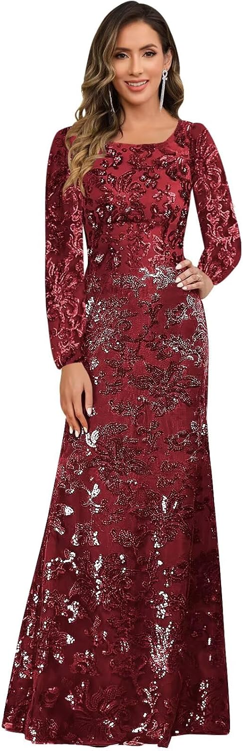 Long Sleeve Mother of Bride Dresses for Women Sequin Lace A Line Formal Evening Dress