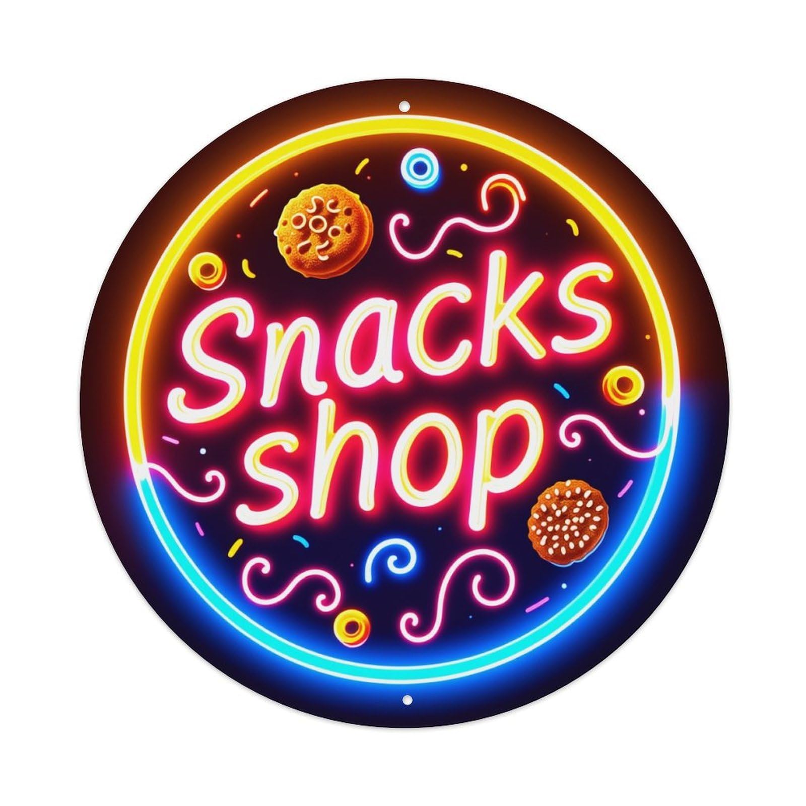 Neon Sign Snacks Shop Pattern Round Metal Tin Sign Vintage Wall Decor, Bar Garage Cafe Kitchen Home Wall Art Poster 8x8inches