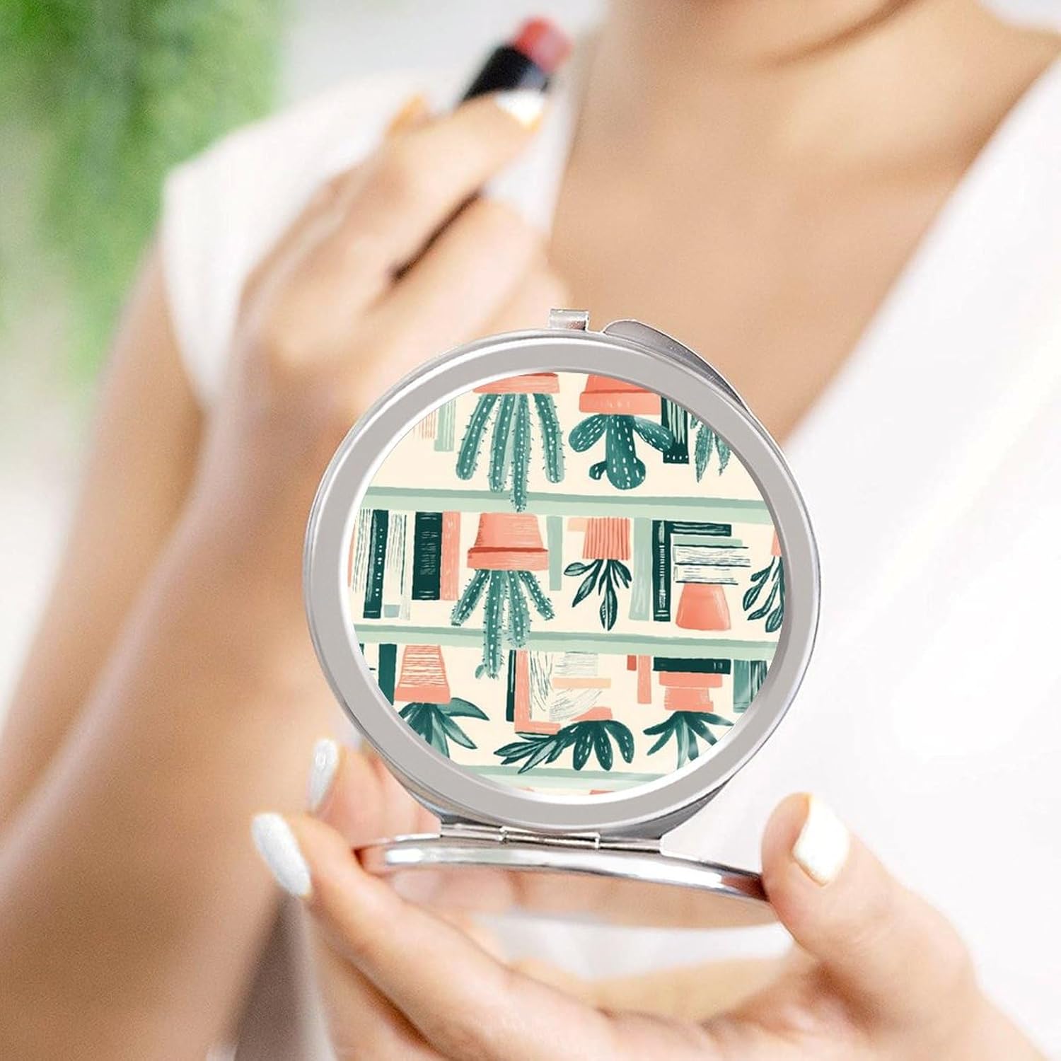 Succulents Potted Plants Books Compact Makeup Mirror Mini Foldable Cosmetic Mirror Portable Travel Mirror for Purse Pocket