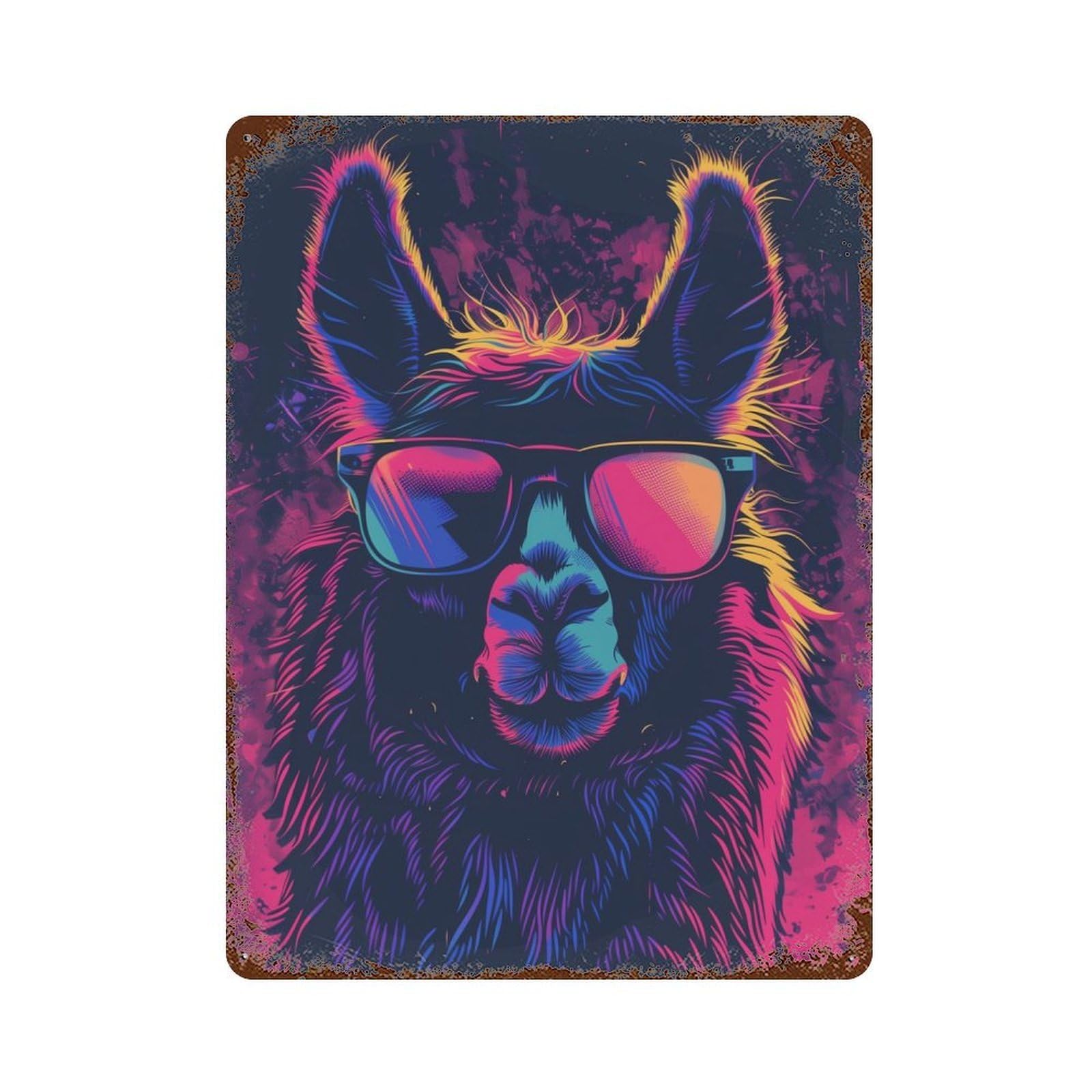 Aged Metal Wall Plaque with Llama Sunglasses Retro Design 15.7"x11.8", for Cafe, Home Bar And Lounge Decor, Novelty Wall Decor