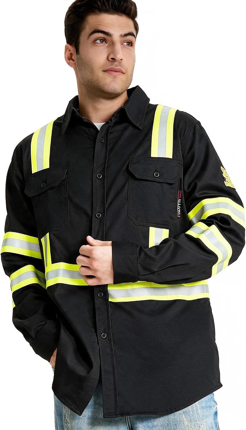 SRsafety Hi Vis FR Shirts for Men,7.0oz Long Sleeve FR Work Shirts,100% Cotton High Visibility Fire Shirt