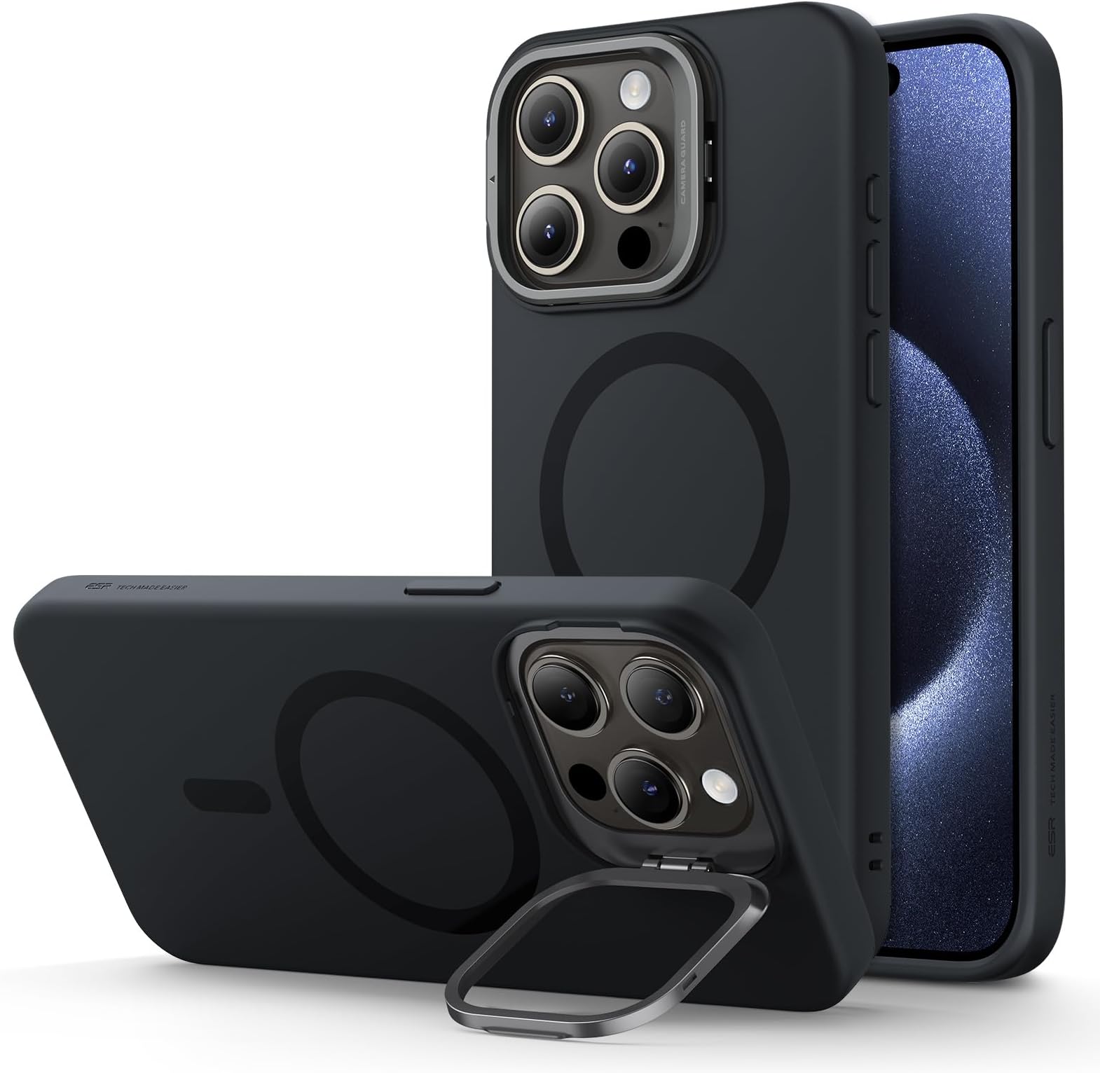 ESR for iPhone 15 Pro Max Silicone Case with Stand, Compatible with MagSafe, Military-Grade Protection, Built-In Camera Stash Stand, Magnetic Phone Case for iPhone 15 Pro Max, Cloud Series,Black