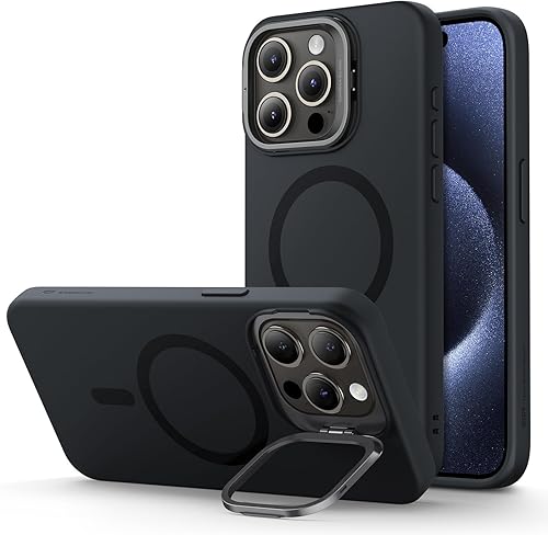 ESR Funda para iPhone 15 Pro Max, funda de silicona MagSafe con soporte, protección de grado militar, soporte integrado para cámara, funda magnética