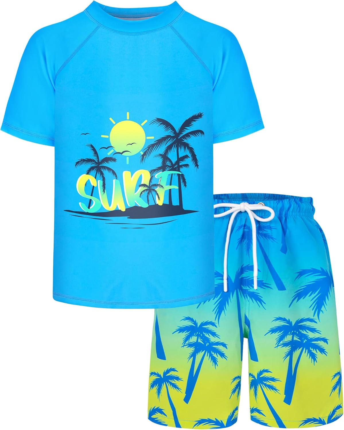 Boys Two Piece Rash Guard and Swim Trunks Outfit Set Kids Short Sleeve Swimsuit