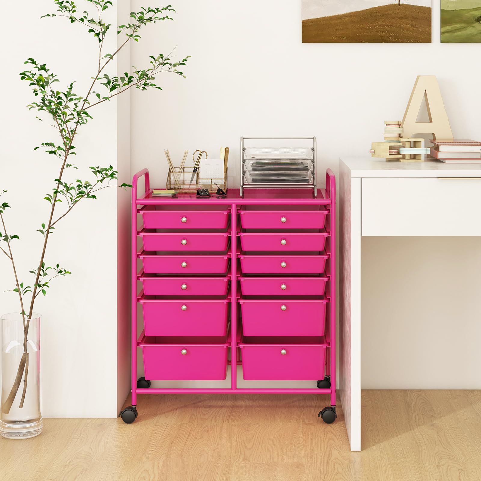 GOPLUS Rollwagen Schubladenwagen, Rollcontainer mit 12 stapelbaren Schubladen, Haushaltwagen auf Rollen mit Bremsen, Badtrolley Badregal, Aufbewahrungswagen für Heim und Büro (Hot Pink)