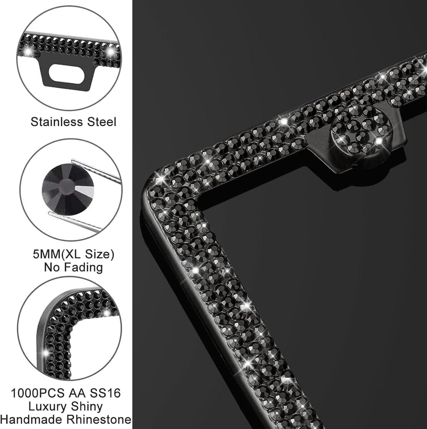 Black Bling License Plate Frame 2 Packs Rhinestone Sparkle License Plate Holder Glitter Bedazzled Crystal Car License Plate Frame