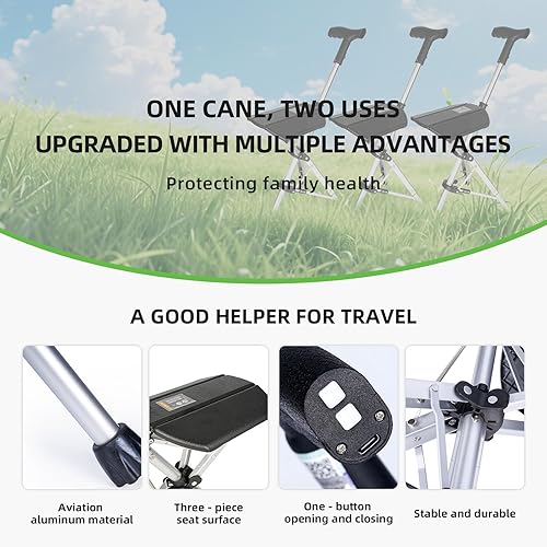 Miniatura 3 de Bastón de senderismo eléctrico plegable con asiento plegable automático, bastón de aluminio ligero, fácil de transportar y almacenar, antideslizante