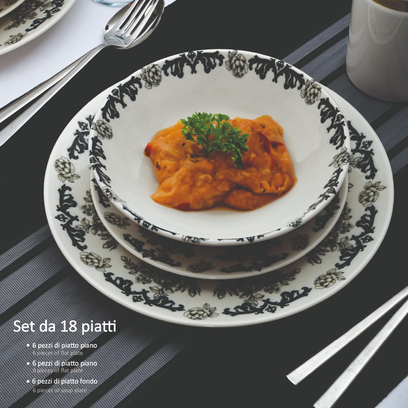 Set piatti ROSE BLACK | 18 pezzi floreali porcellana moderna per cene eleganti