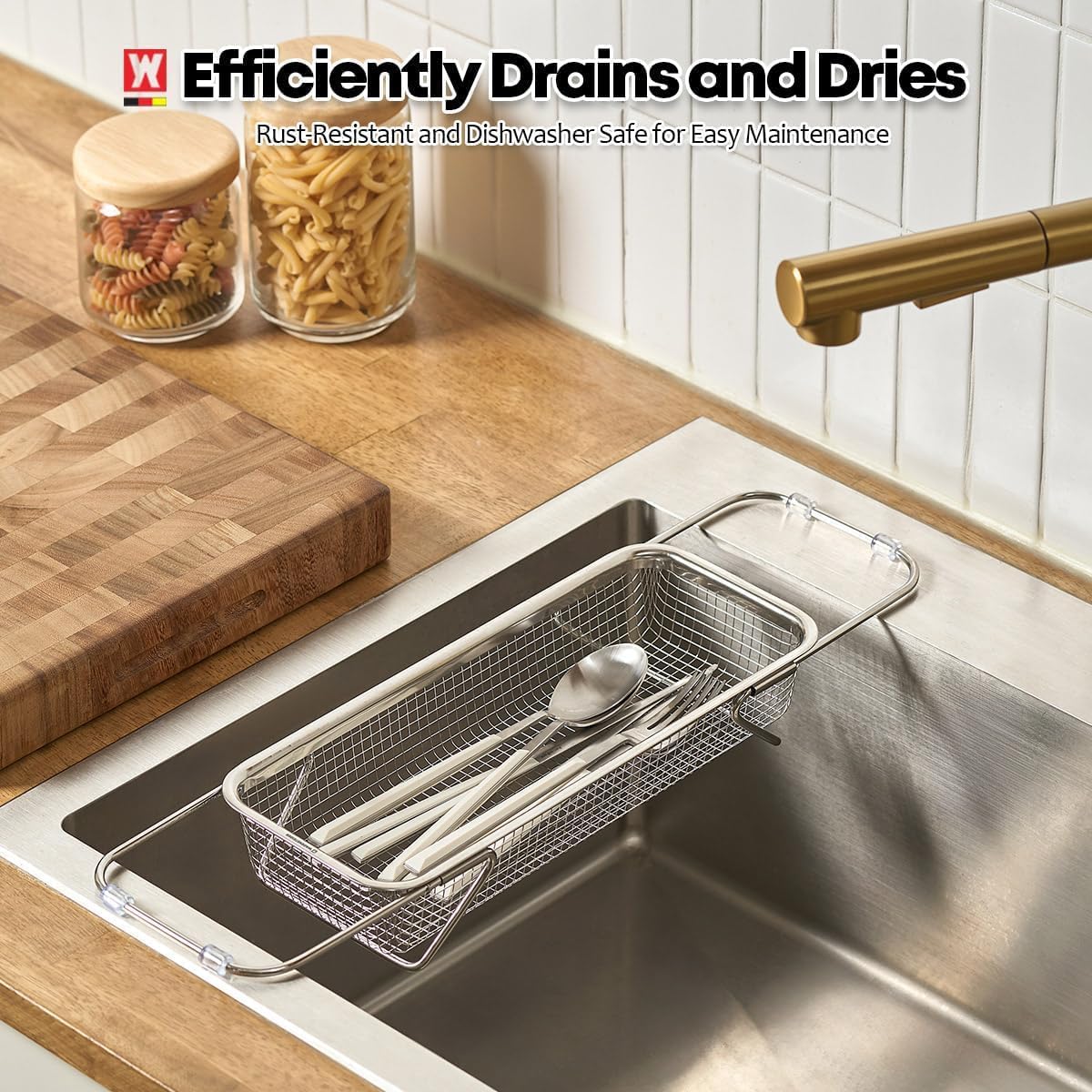 WAGENSTEIGER Extendable Dish Rack with Feet, Vegetable Colander Basket, Stainless Steel Dish or Silverware Drying Rack, Ultimate Kitchen Organizer Over the Sink (12.40 x 5.12 x 2.36 Inches)