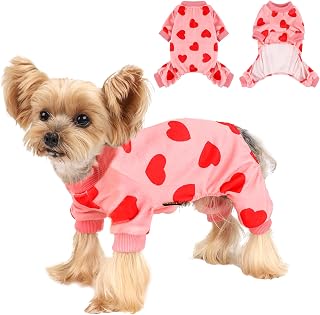 Yikeyo Dog Pajamas for Small Dogs Girl Boy, Yorkie Chihuahua Pjs, Stretchable Pet Apparel, Doggie Clothes Teacup, Soft Doggy Sleepwear Outfit, Comfortable Puppy Jumpsuit,XS,Heart Pink