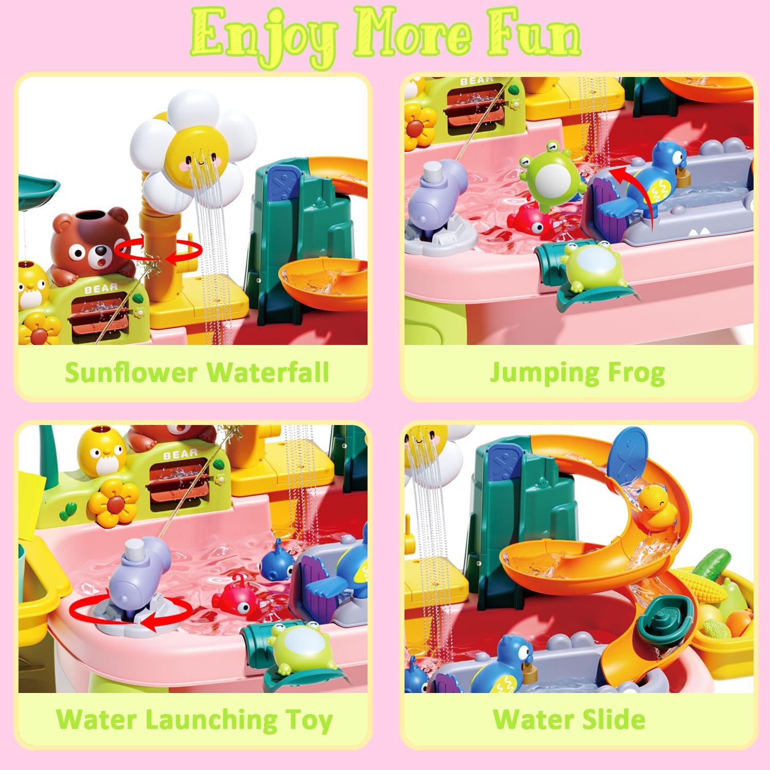 Water Table for Toddlers 1-3, Water Toys for Kids Ages 4-8, Play Sink with Electric Pump Kitchen Play Food Fishing Game, Summer Outdoor Toys Sand Activity Sensory Playset Girls Boys, Pink