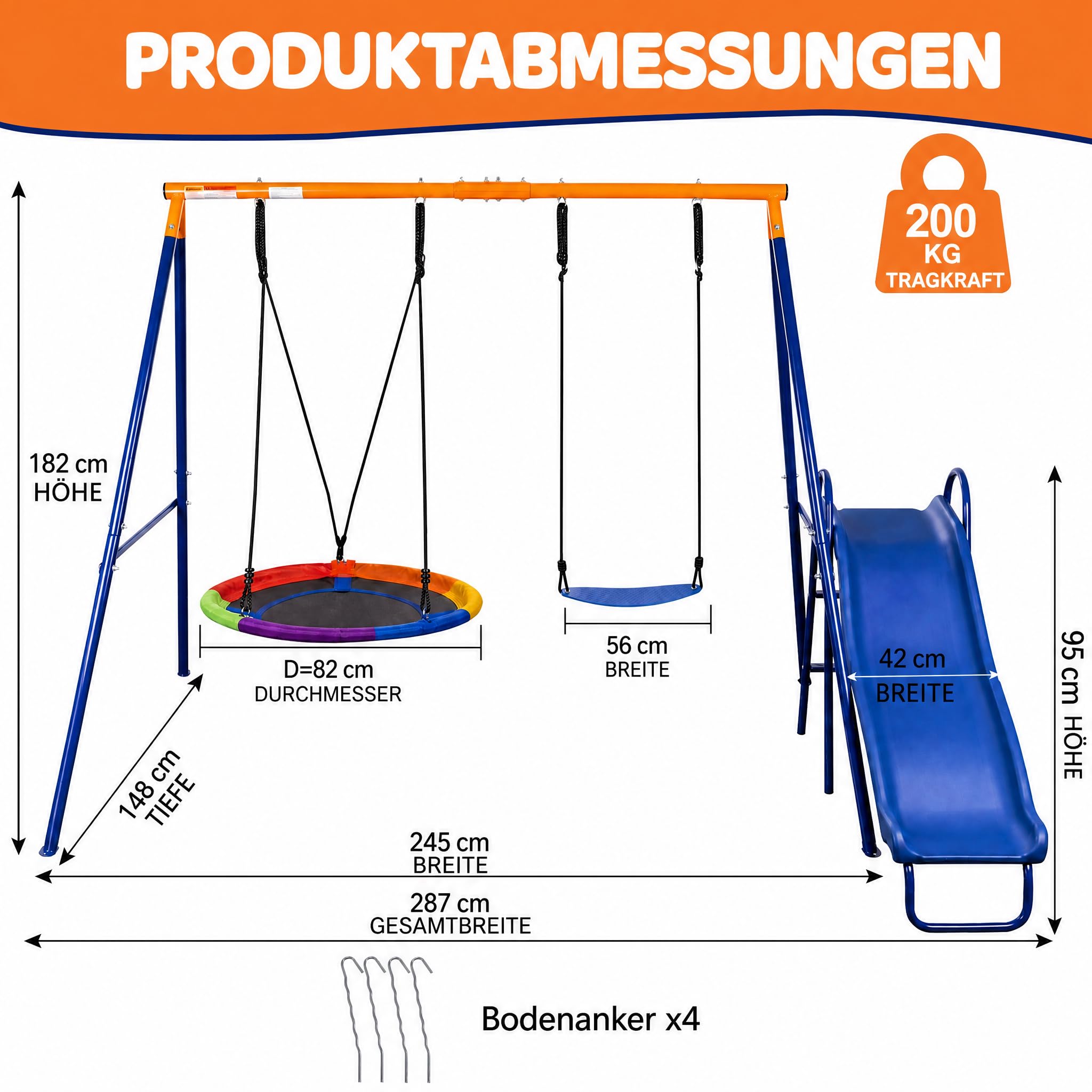 hotsizz Schaukelgestell Outdoor mit Rutsche Kinderschaukel und Nestschaukel, Max Tragfähigkeit 200 kg,247×220×179 cm geeignet für Kinder und Erwachsene sowie für den Einsatz in Garten Hof und Park