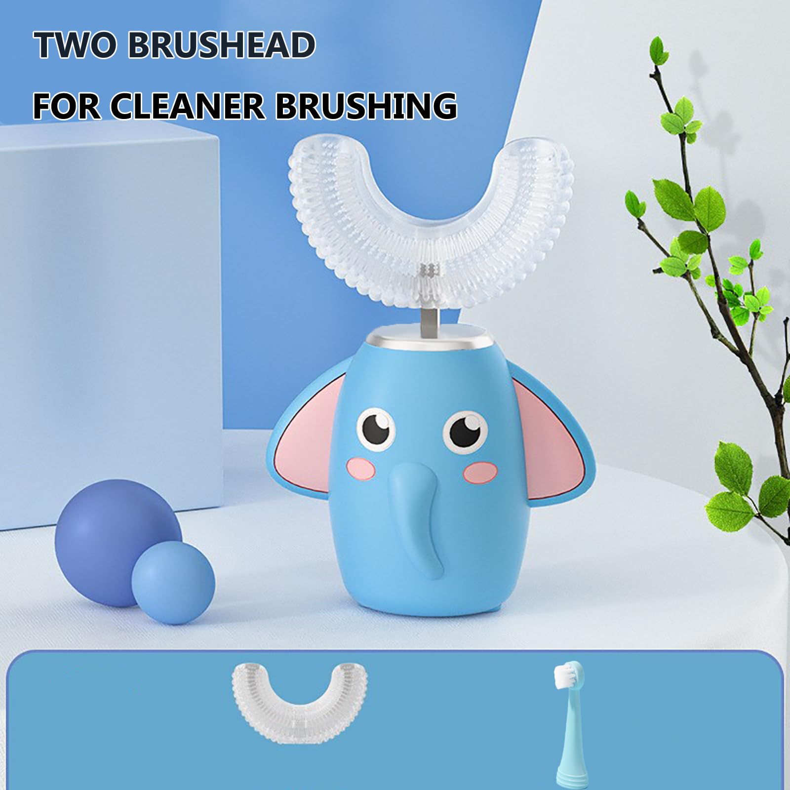 SNOWROSE Spazzolino elettrico per bambini a forma di U ad ultrasuoni IPX7, design impermeabile con 2 testine 3 modalità, pulizia completa a 360°, spazzolino automatico per bambini da 2 a 12 anni (blu