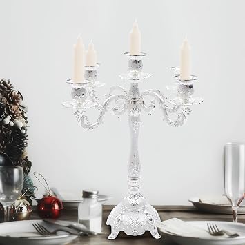 Elegant 14.56H Mental Tall Candelabra,5 Arm Candle Holder Candlestick Holder, Taper Candle Holder with Three-Dimensional Carving for Wedding Dinner Party Chrismas Ceremony Home DecorSilver