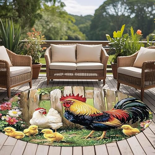 Miniatura 5 de 6ft Round Rug, Retro Rooster Non-Skid Rubber Backing Large Area Rugs - Living Room Bedroom Home Office, Farmhouse Animals Watercolor Floral Indoor