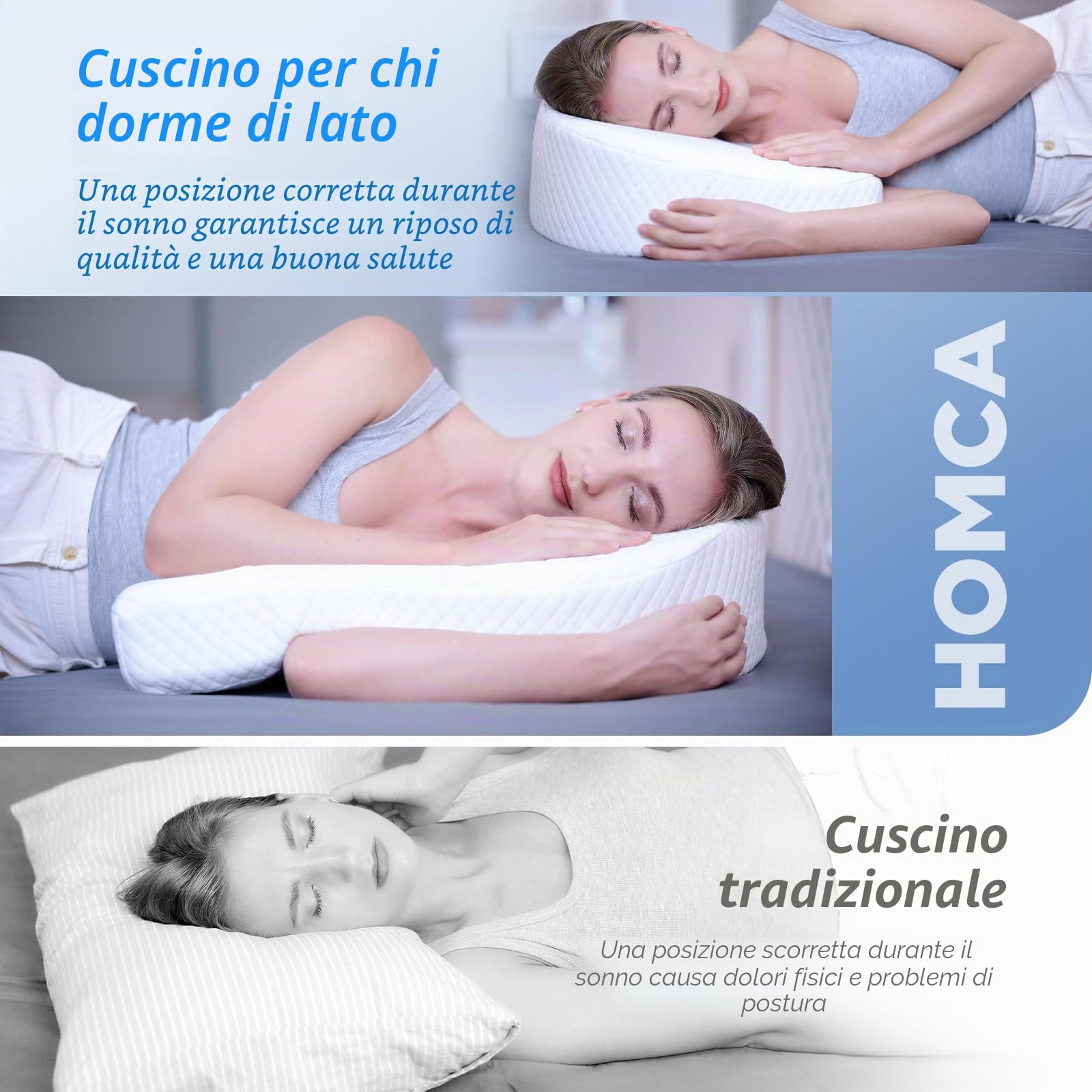 HOMCA Cuscino Memory Foam U-Forma per Dormire Laterale, Bianco, 60x45x17 cm | Cuscino Ergonomico, Doppio Lato Utilizzabile e Foro per l’Orecchio, per un Supporto Ottimale di Collo e Spalle