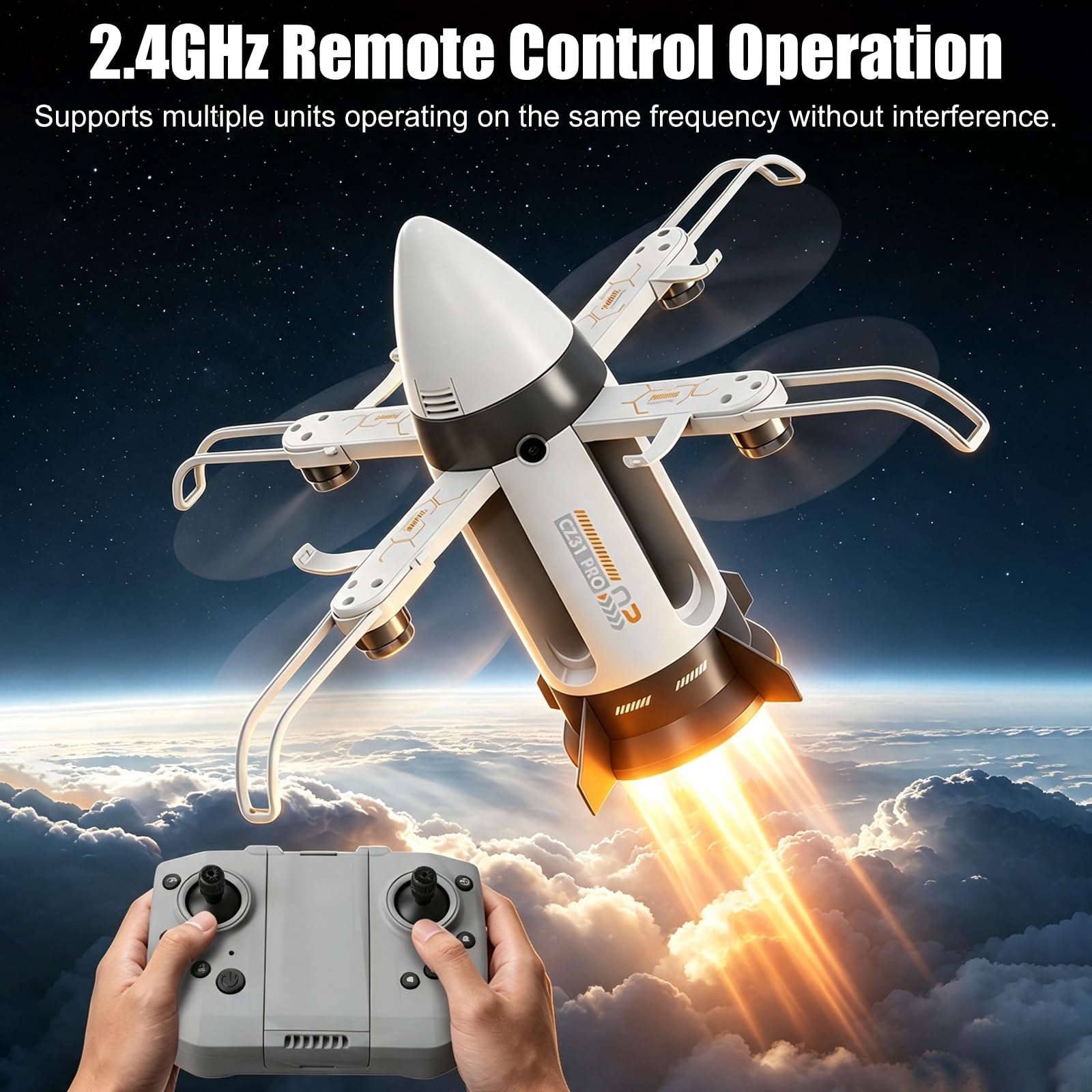 Fernbedienung Rakete Stil Drohne Kinder Spielzeug, Remote Control Drone | Spray und LED Leuchten, Bürstenloser Motor, 2 Akku, Start/Landung mit Einem Klick, 2.4GHz RC Flugzeuge Drinnen Draußen
