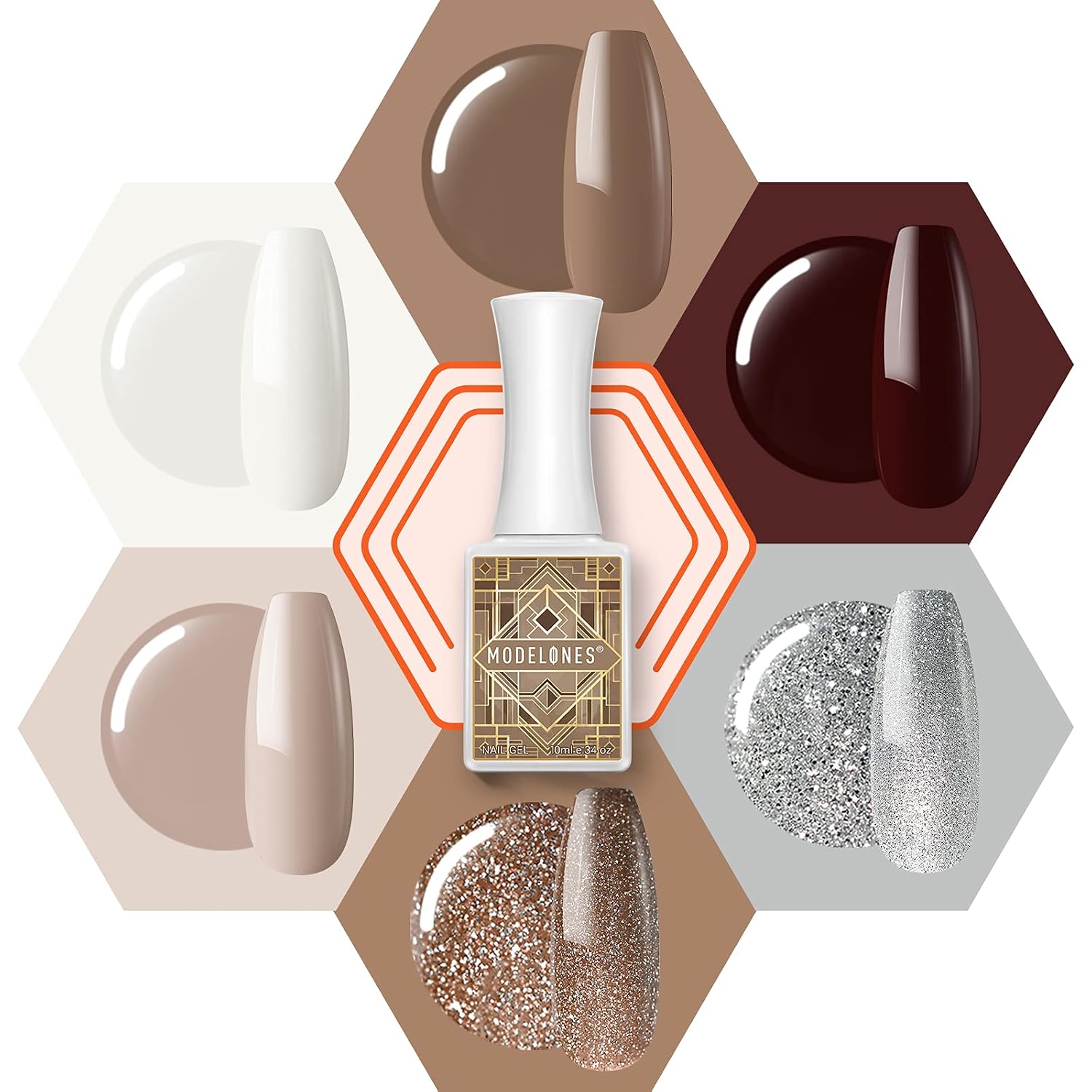 modelones Gel Nail Polish Nude Brown White Silver Gold Glitter Gel Polish 6 PCS 10ML Soak Off Nail Gel Polish Home Use Valentines Beauty Gift Set
