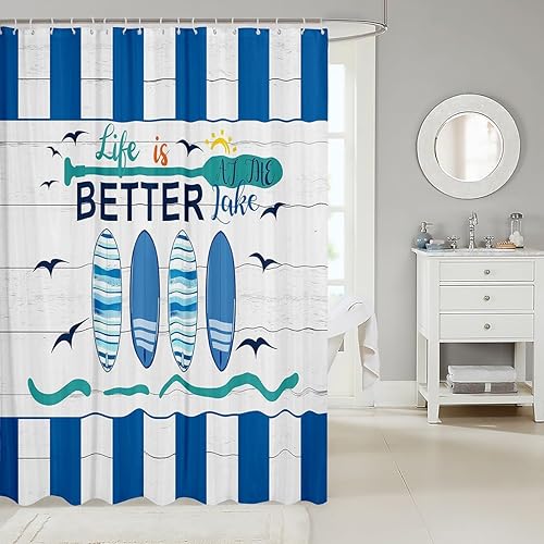 Miniatura 2 de Erosebridal Cortina de ducha náutica para niños y niñas, juego de cortinas de ducha de baño azul y blanco océano 72 x 78, cortina de ducha de tela