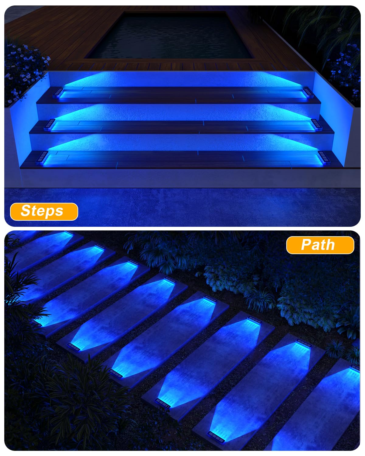DetarZinLED 6 Pak blauwe buitenverlichting op zonne-energie, IP68 waterdichte zonne-verlichting voor buitentrap, stick-on zonne-decoratielichten voor veranda, opstap, dokdek, tuintrap, pad, oprit