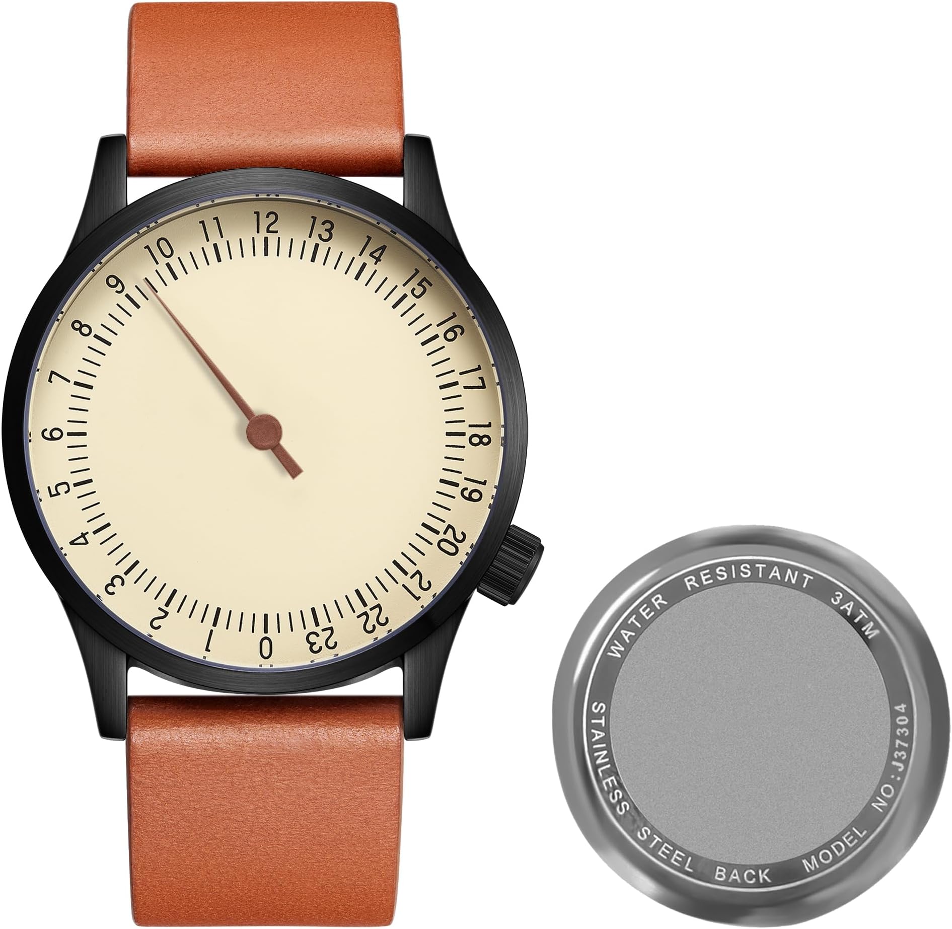 JIANDUN Swiss Movement Men's One Hand 24 Hour Watch Single Hand Black Case with Italian Leather Strap