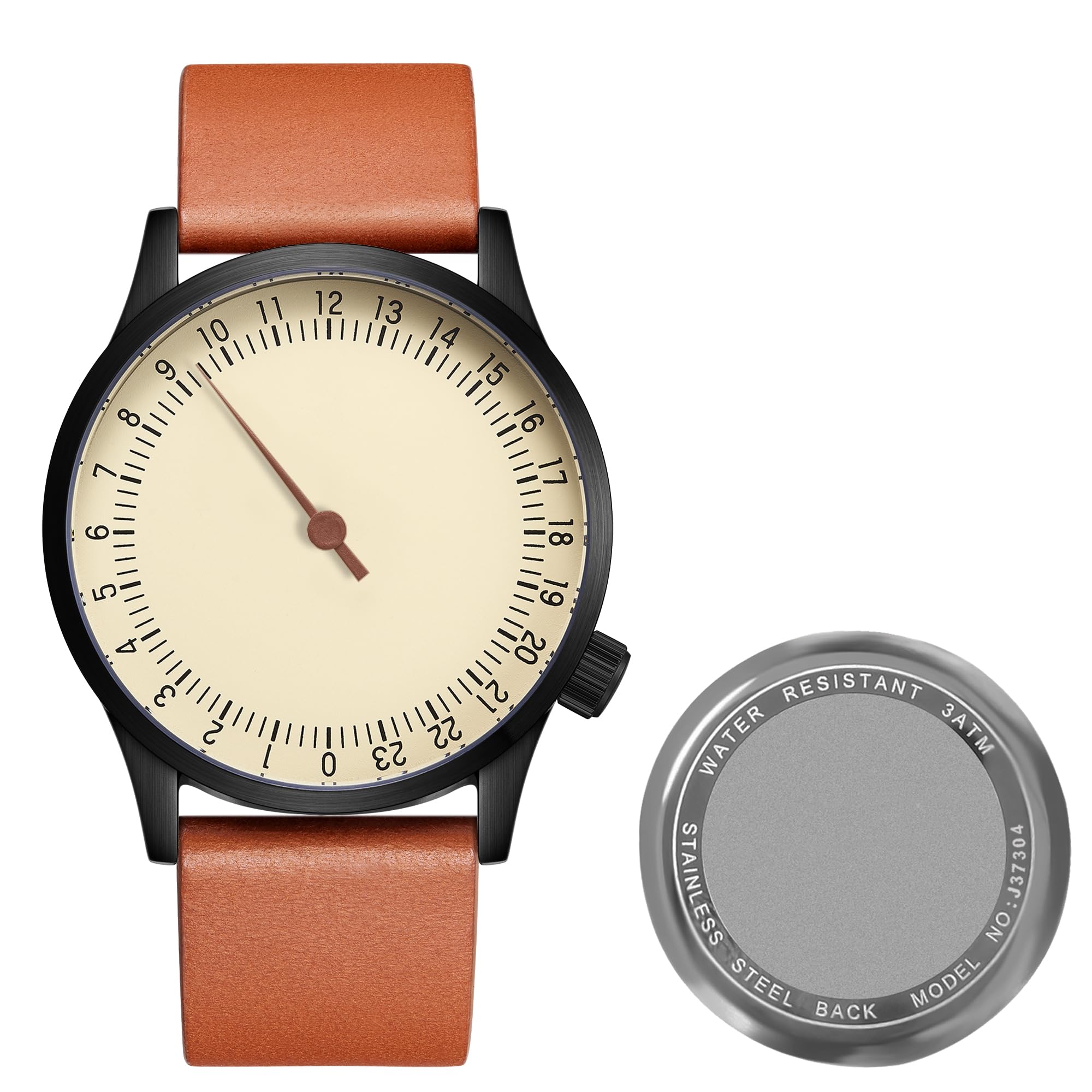 JIANDUN Swiss Movement Men's One Hand 24 Hour Watch Single Hand Black Case with Italian Leather Strap