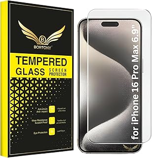 شاشة حماية لموبايل آيفون 16 برو ماكس 6.9 بوصة، شاشة حماية شفافة HD عالية الدقة مصنوعة من زجاج مقوى بدرجة صلابة 9 توفر تغطية وحماية كاملة مع تصميم سهل التركيب من بورتوني (آيفون 16 برو ماكس 6.9 بوصة)
