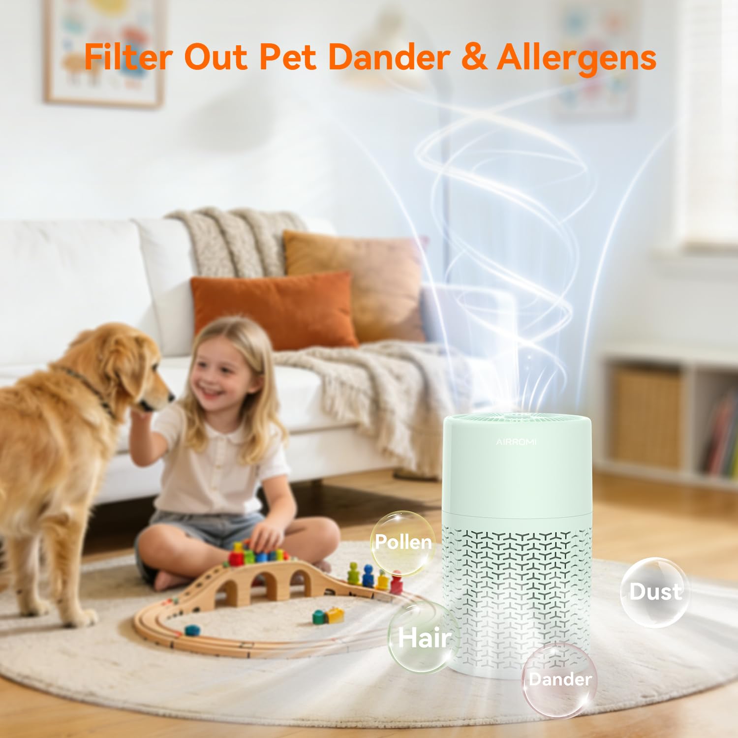 AIRROMI Purificatore d'aria per animali domestici per allergie domestiche, fino a 100 m². Filtro HEPA a carbone attivo deodorante, con spugna profumata per dormire meglio, luce notturna, peli di