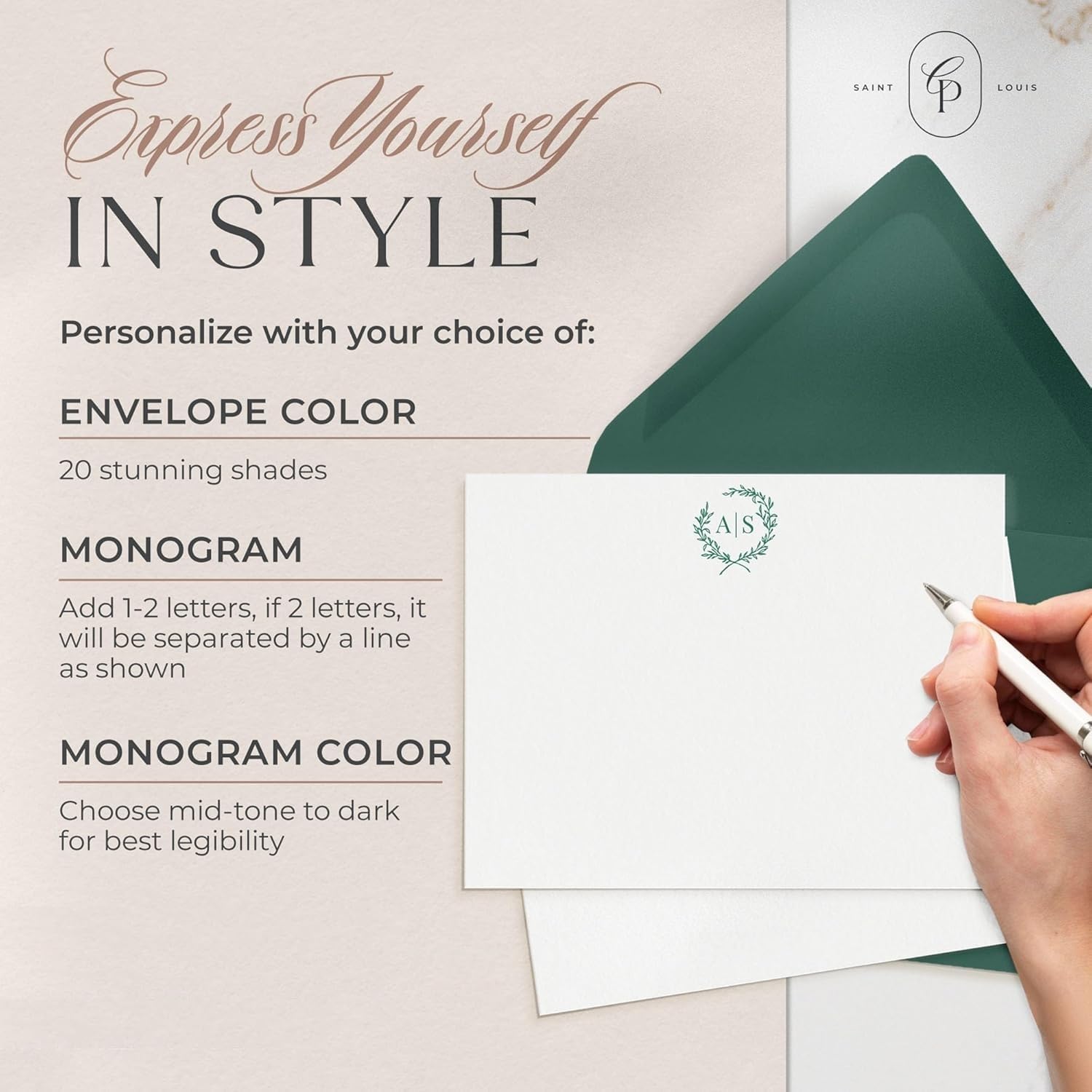 Curio Press Personalized Stationery Set, Custom Note Cards with Name & Monogram in Laurel Wreath, Thank You Cards with Envelopes, Personalized Stationary Set for Gifts or Wedding - Laurel Mono Flat