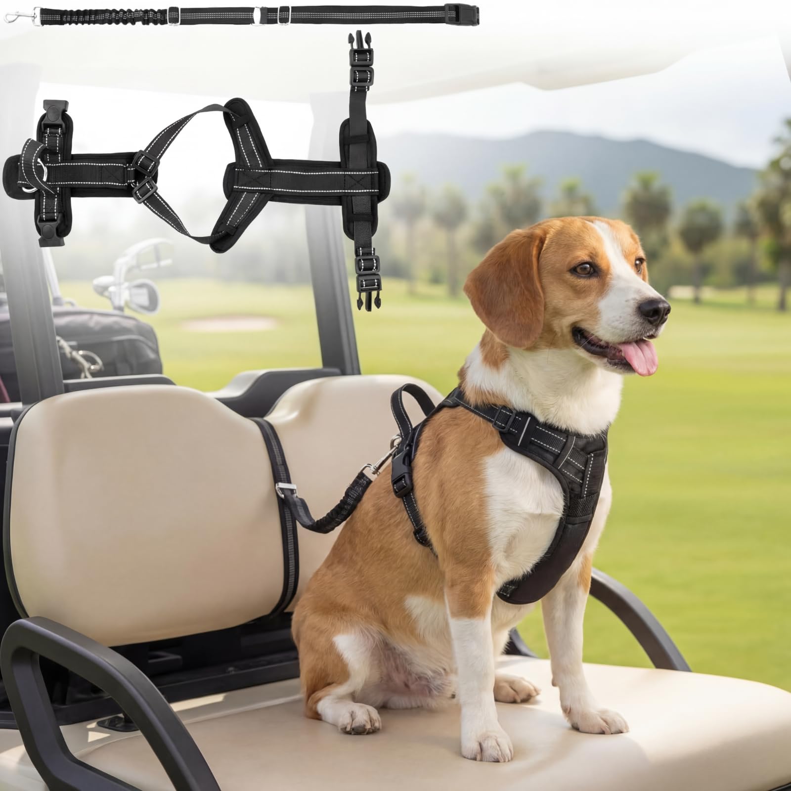 Hsei Dog Seat Belt Harness for Golf Cart, Pet No Pull Dog Seat Leash, Adjustable Black Vest Harness with Reflective Nylon Tear-Resistant Webbing &amp; Elastic Bungee for Outdoor(L: Chest 18.1"-24.8")